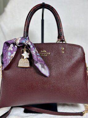 Coach Lillie Carryall, Burgundy Snake Leather Handles, with Scarf and Charm